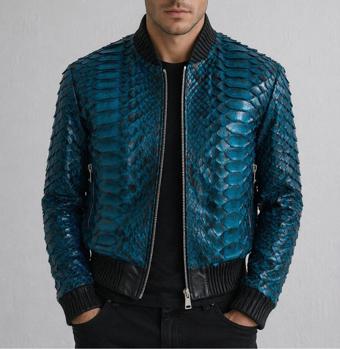 blaue Pythonlederjacke