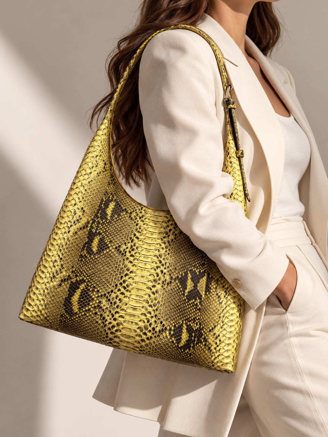 Yellow genuine python leather hobo bag lifestyle view | Genuine Skins