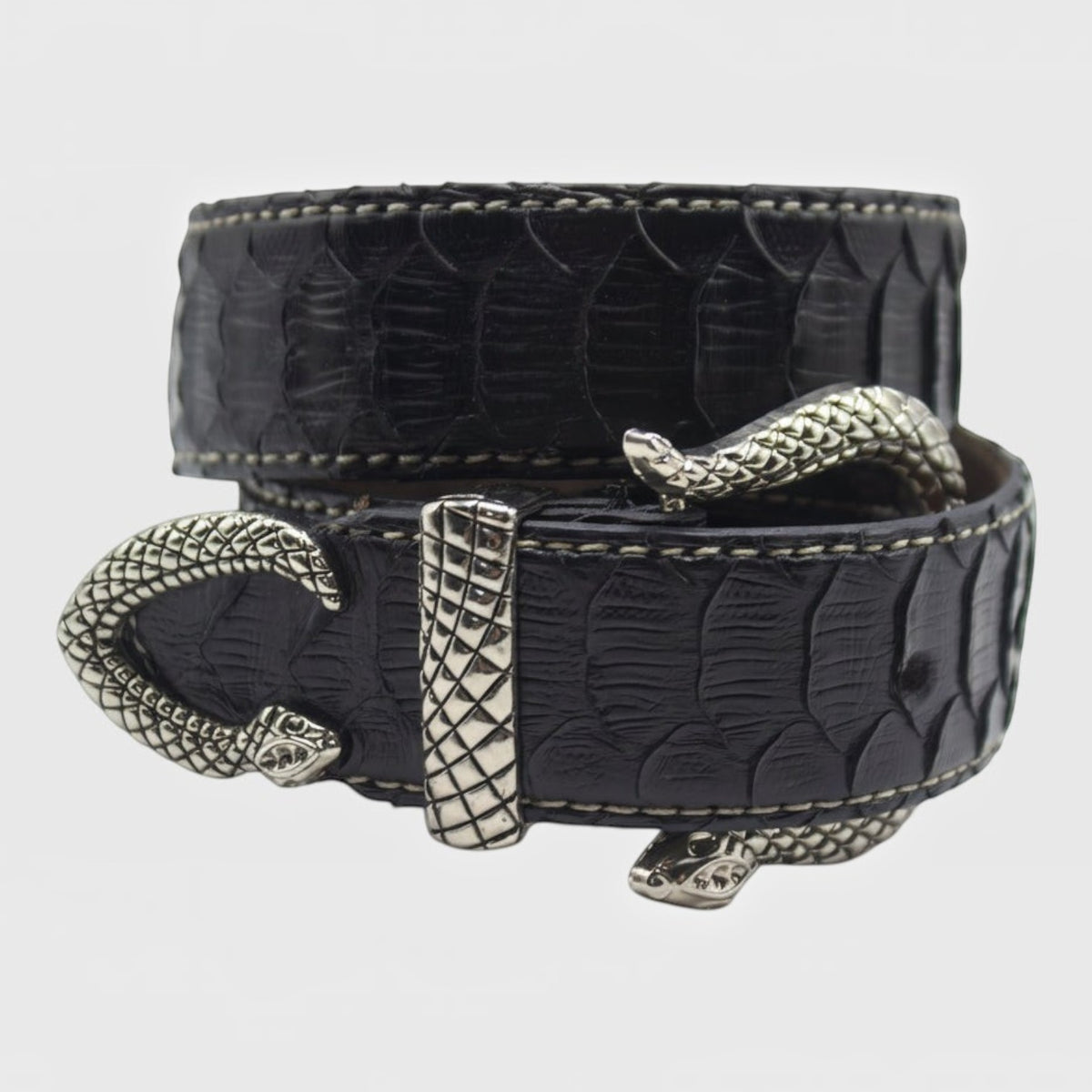 Ceinture Leather craftman en cuir de serpent noir avec boucle sculptée en forme de serpent argenté