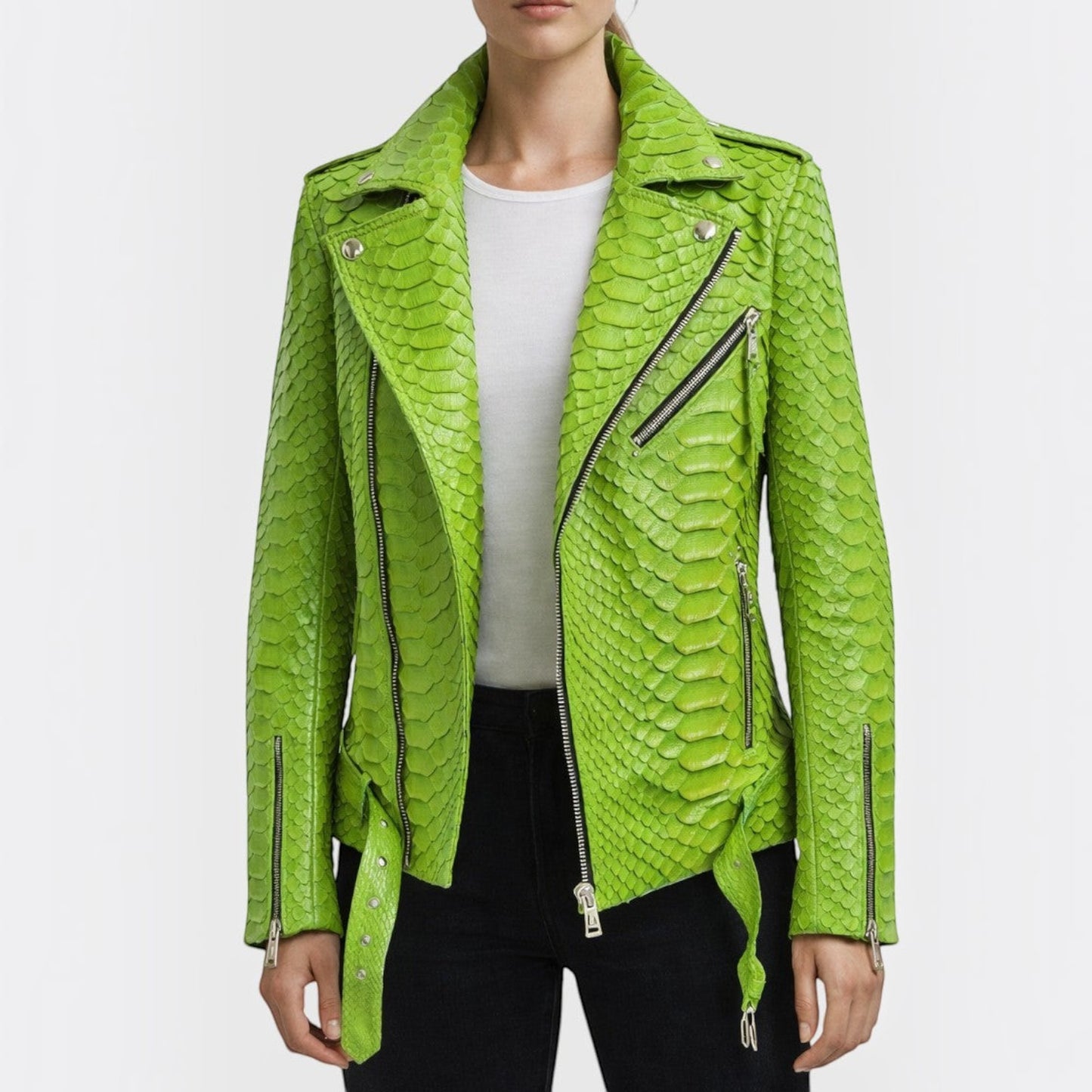 Veste de motard Leather craftman en cuir de serpent vert vif avec fermetures éclair argentées et col structuré