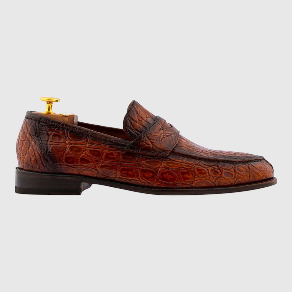 Men's hand-painted genuine crocodile leather loafers in brown, side view
