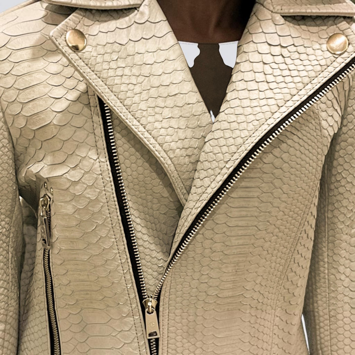 Women's ivory genuine python leather biker jacket leather detail | Genuine Skins