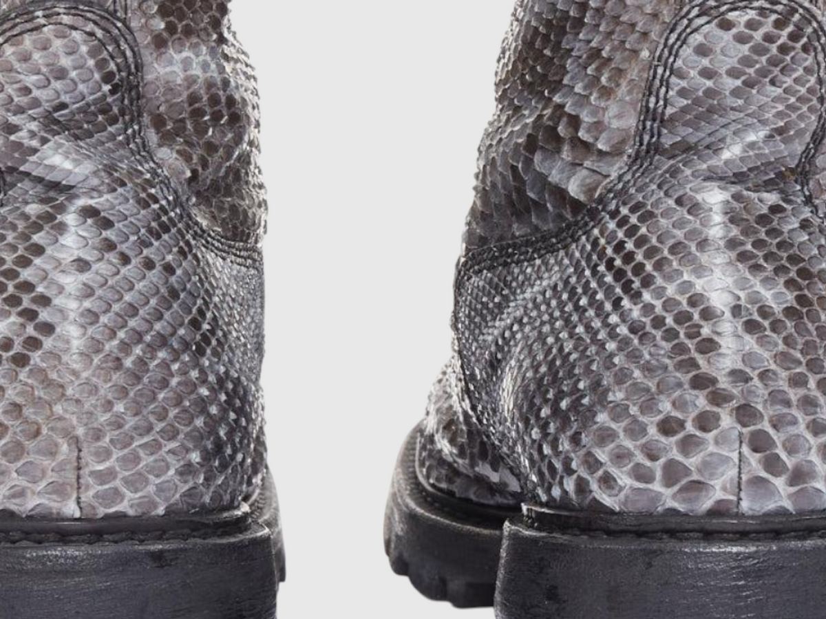 Close-up of genuine python leather boot toe