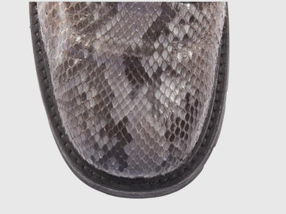 Close-up of python leather boot shaft and laces