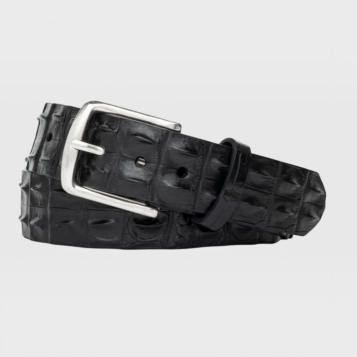 Ceinture Genuine Skins en cuir de crocodile noir véritable avec boucle métallique argentée et texture écailles