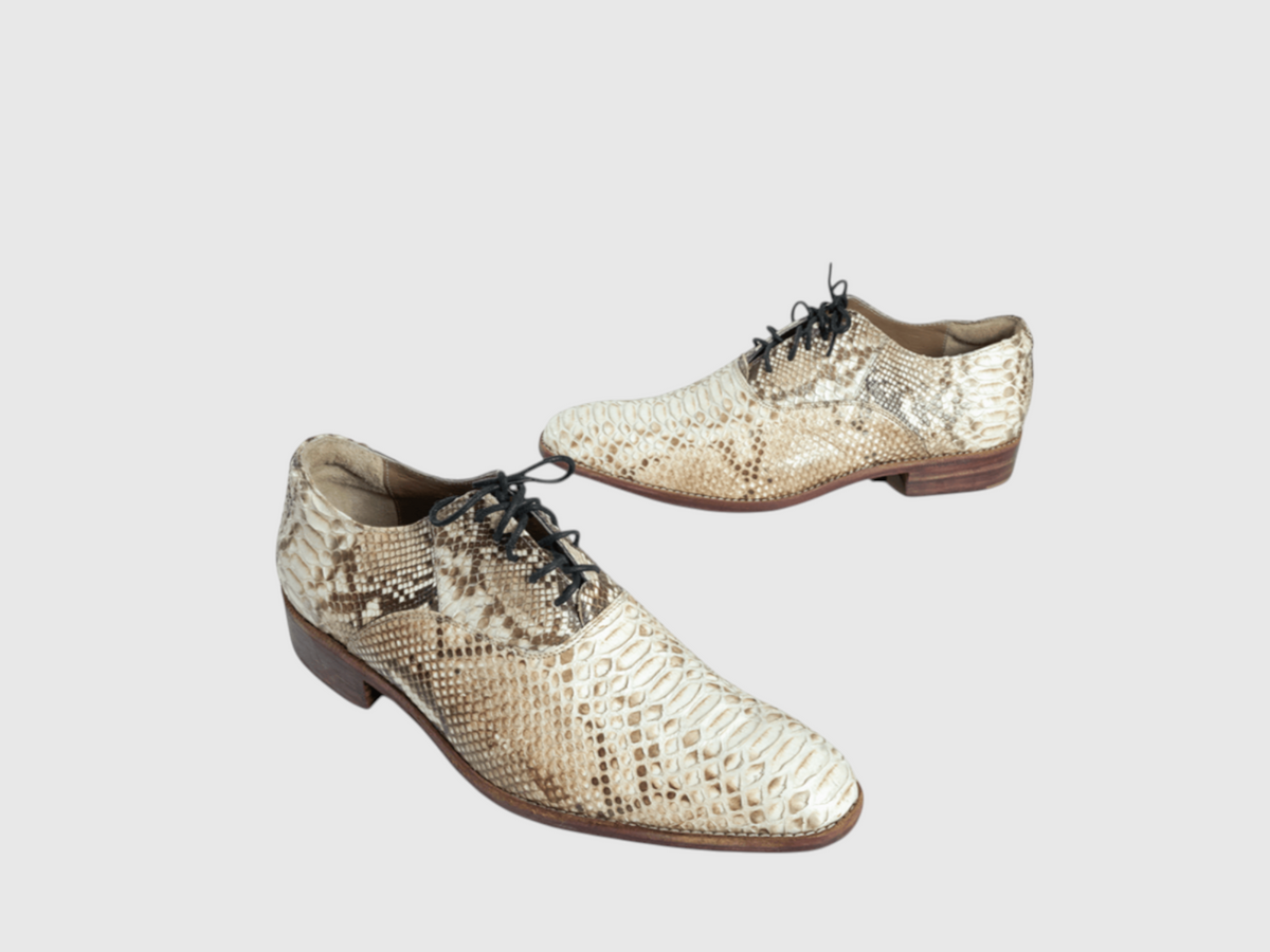 Men's genuine python leather lace-up dress shoes angled view