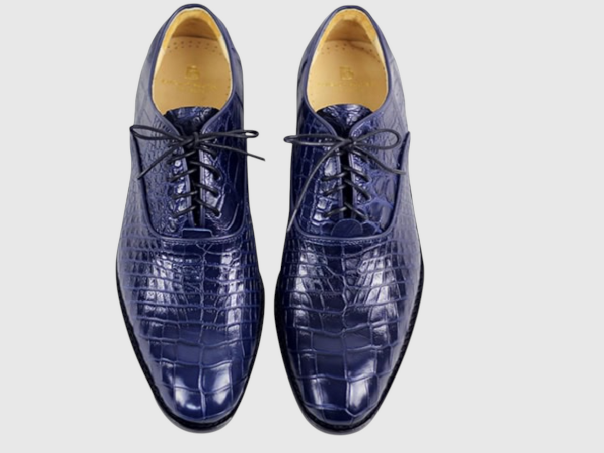 Men's genuine crocodile leather navy blue dress shoes front view