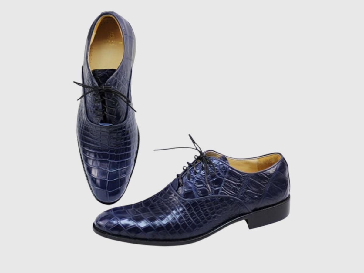 Men's genuine crocodile leather navy blue dress shoes angled view