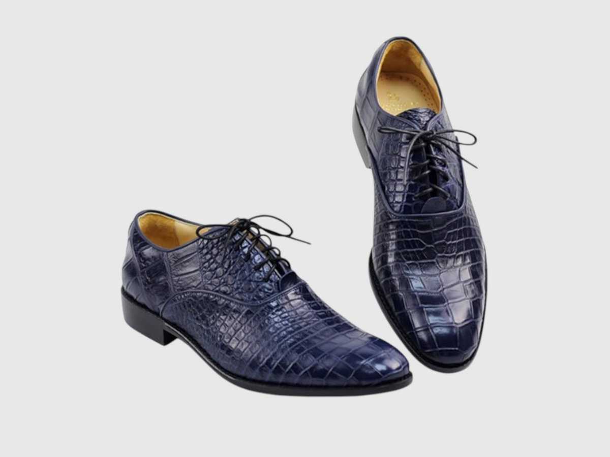 Men's genuine crocodile leather navy blue dress shoes three-quarter view