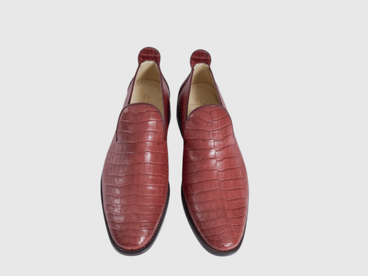 Men's burgundy genuine crocodile leather loafers top view