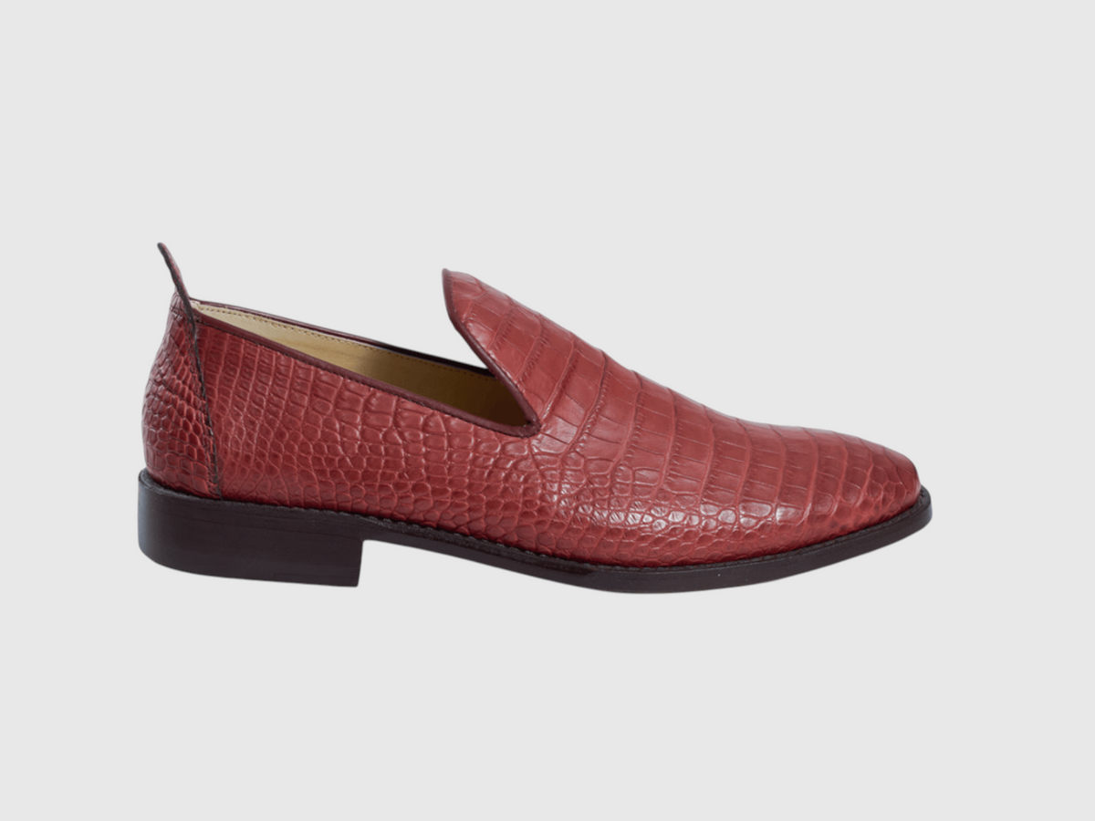 Men's burgundy genuine crocodile leather loafer side view