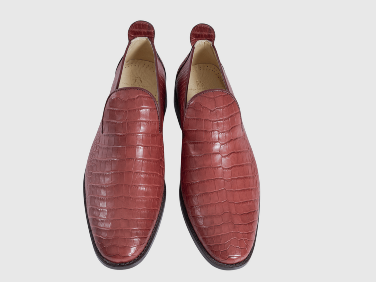 Men's burgundy genuine crocodile leather loafer front detail