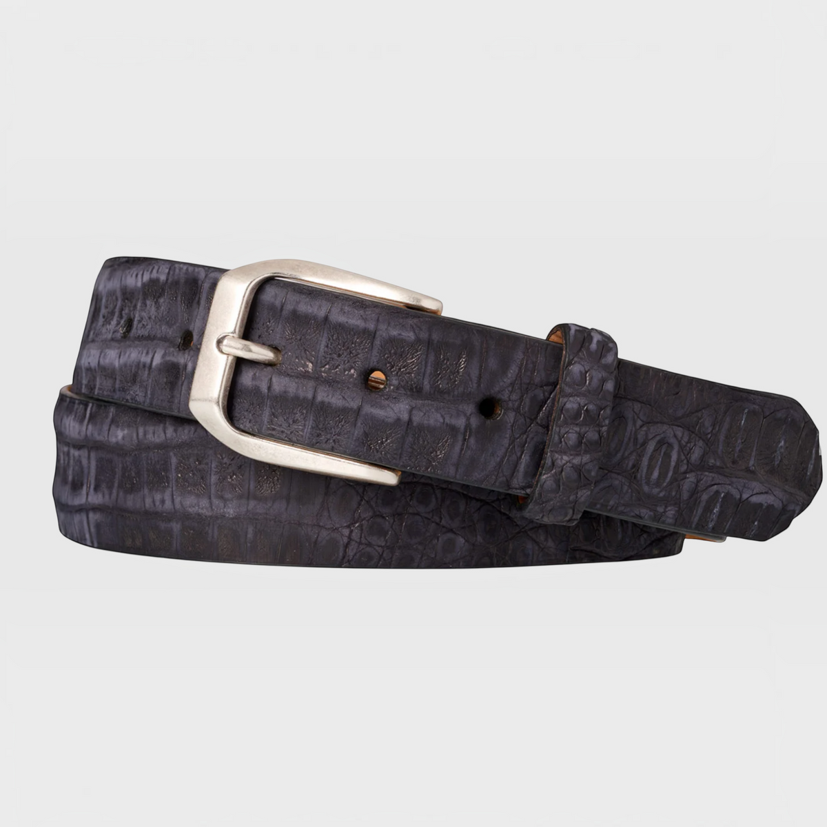 Ceinture Genuine Skins en cuir de crocodile noir avec boucle en métal argenté et texture à écailles naturelle.