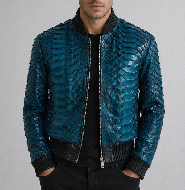 bleu Python  leather Jacket