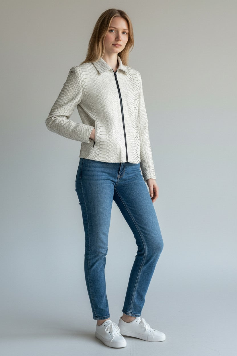 WHITE Python  leather Jacket