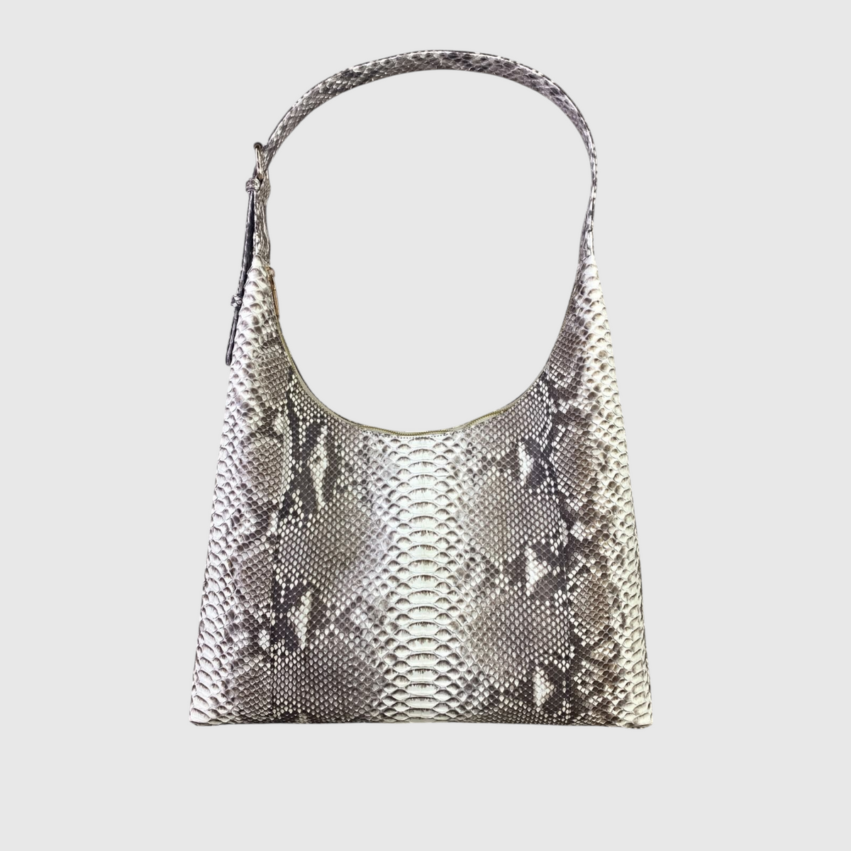 Sac hobo Genuine Skins en cuir de python véritable gris et blanc avec bandoulière réglable et détails dorés