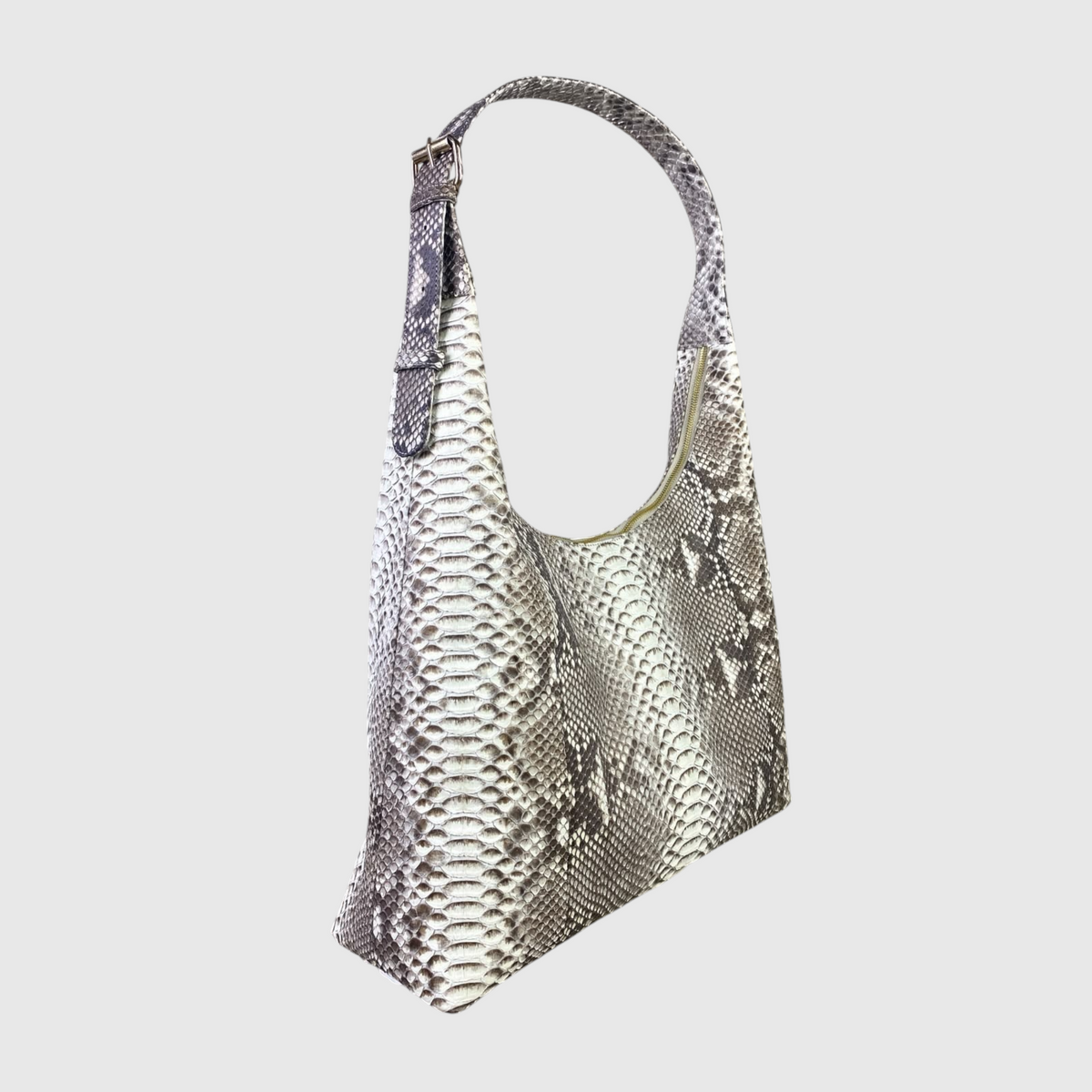 Sac hobo Genuine Skins en cuir de python véritable gris et blanc avec bandoulière réglable et détails dorés