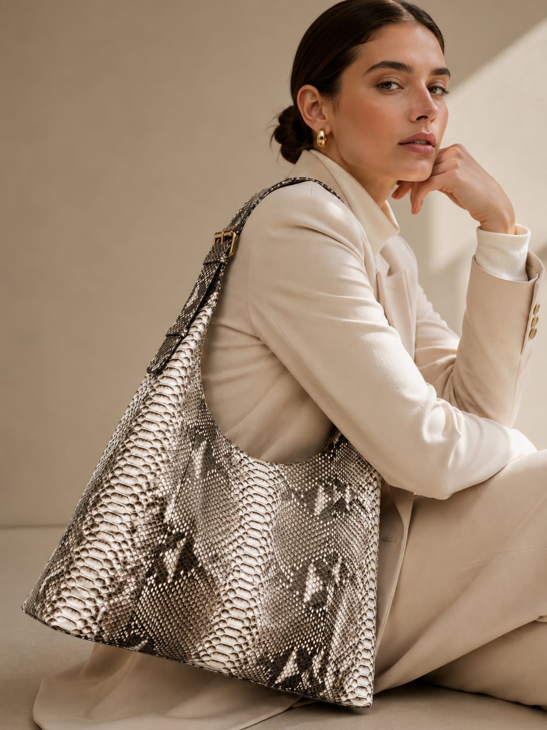 Grey and white genuine python leather hobo bag lifestyle view | Genuine Skins