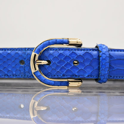 Close-up of women's genuine royal blue python leather belt and buckle