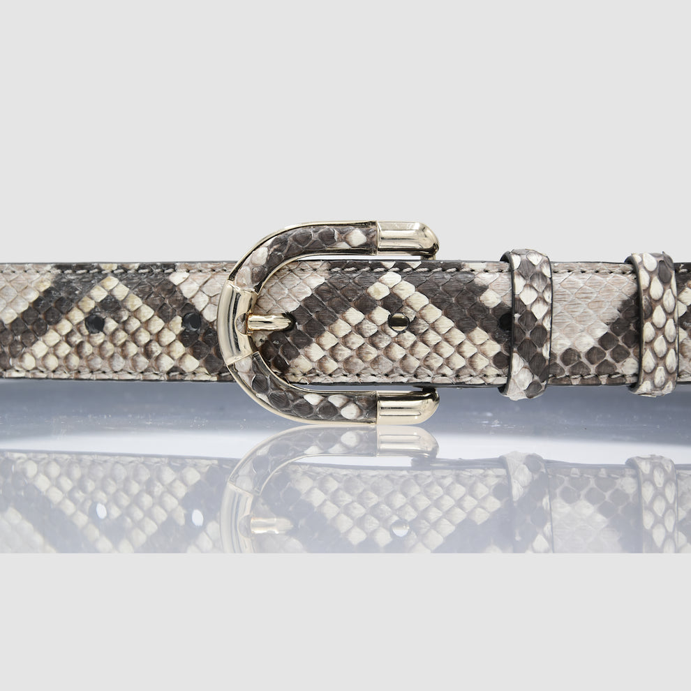 Close-up of women's genuine natural python leather belt and buckle