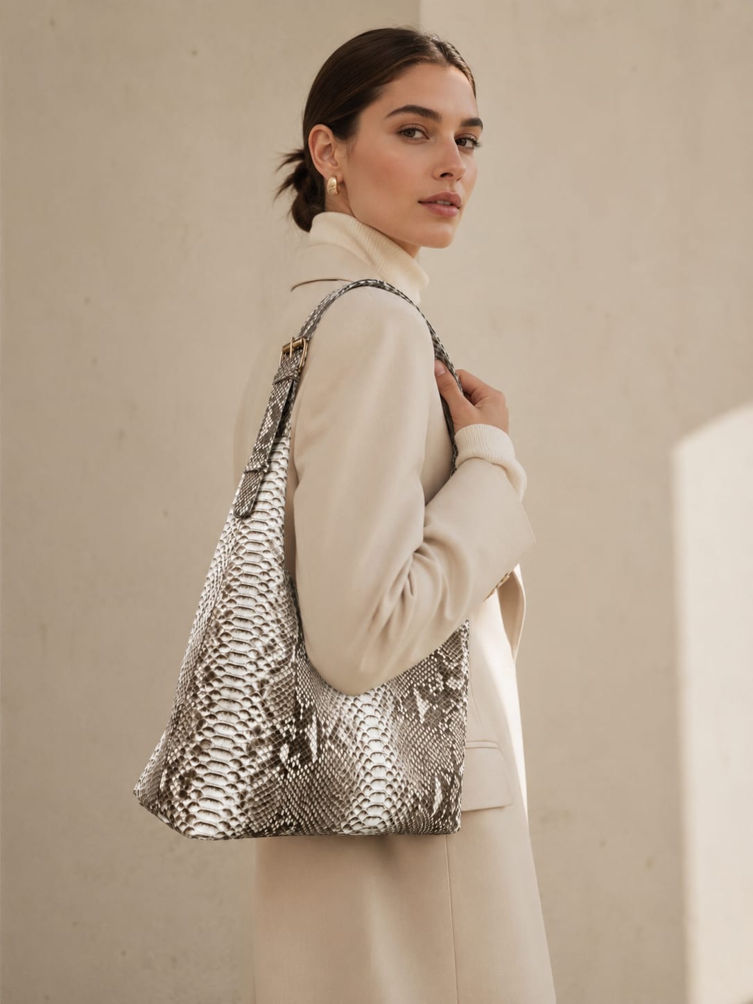Grey and white genuine python leather hobo bag lifestyle view | Genuine Skins