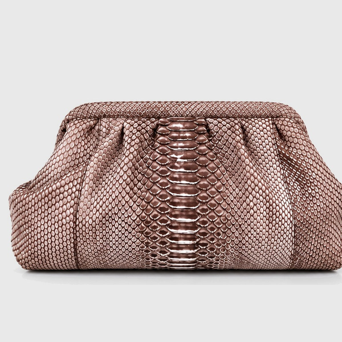 Genuine python leather clutch Dusty Rose Taupe – front view, 2048 x 2048, light gray studio background