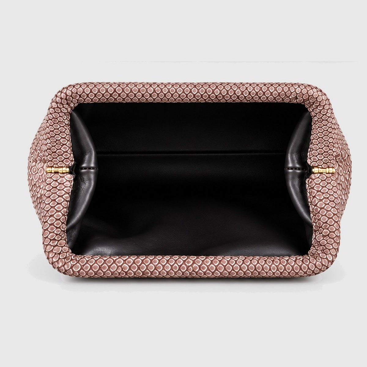 Genuine python leather clutch Dusty Rose Taupe – interior view, 2048 x 2048, light gray studio background