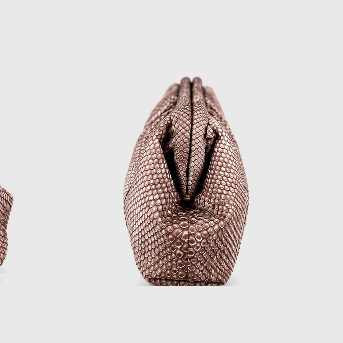 Genuine python leather clutch Dusty Rose Taupe – side view, 2048 x 2048, light gray studio background