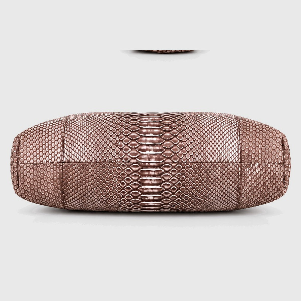 Genuine python leather clutch Dusty Rose Taupe – underside view, 2048 x 2048, light gray studio background