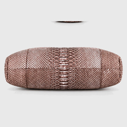 Genuine python leather clutch Dusty Rose Taupe – underside view, 2048 x 2048, light gray studio background