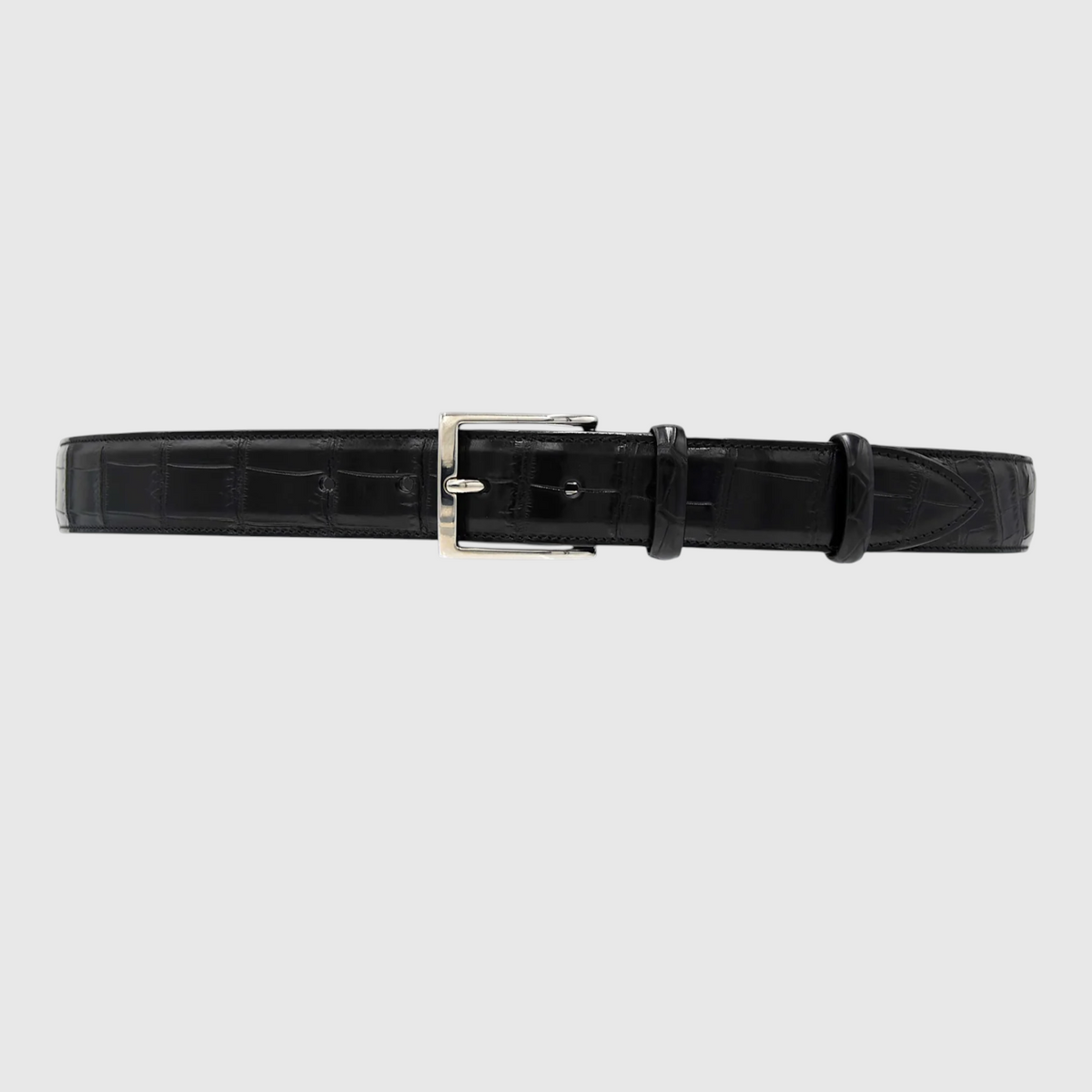 Men's genuine black crocodile leather belt full view