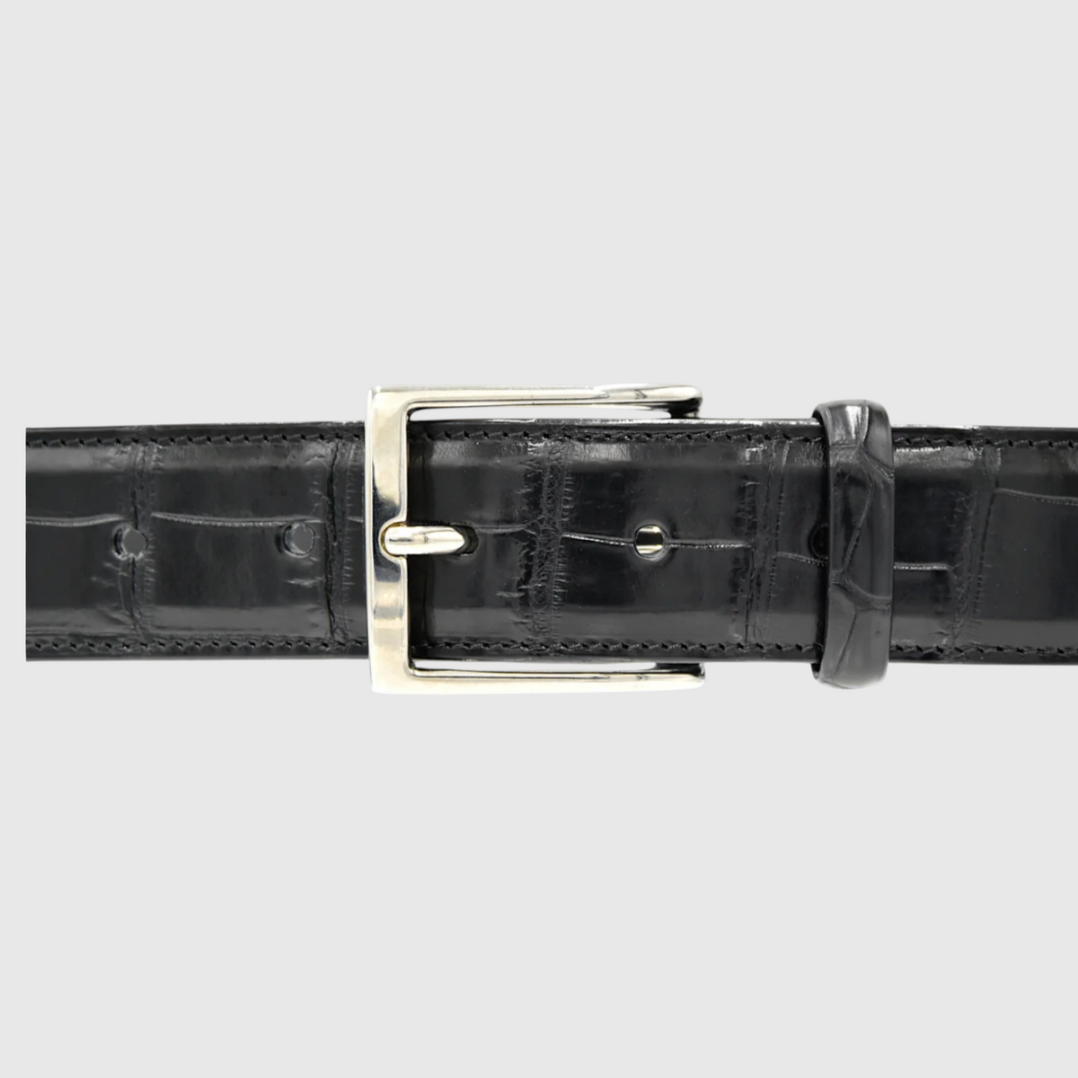 Men's genuine black crocodile leather belt with silver-tone buckle