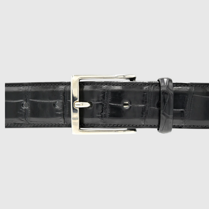 Men's genuine black crocodile leather belt with silver-tone buckle