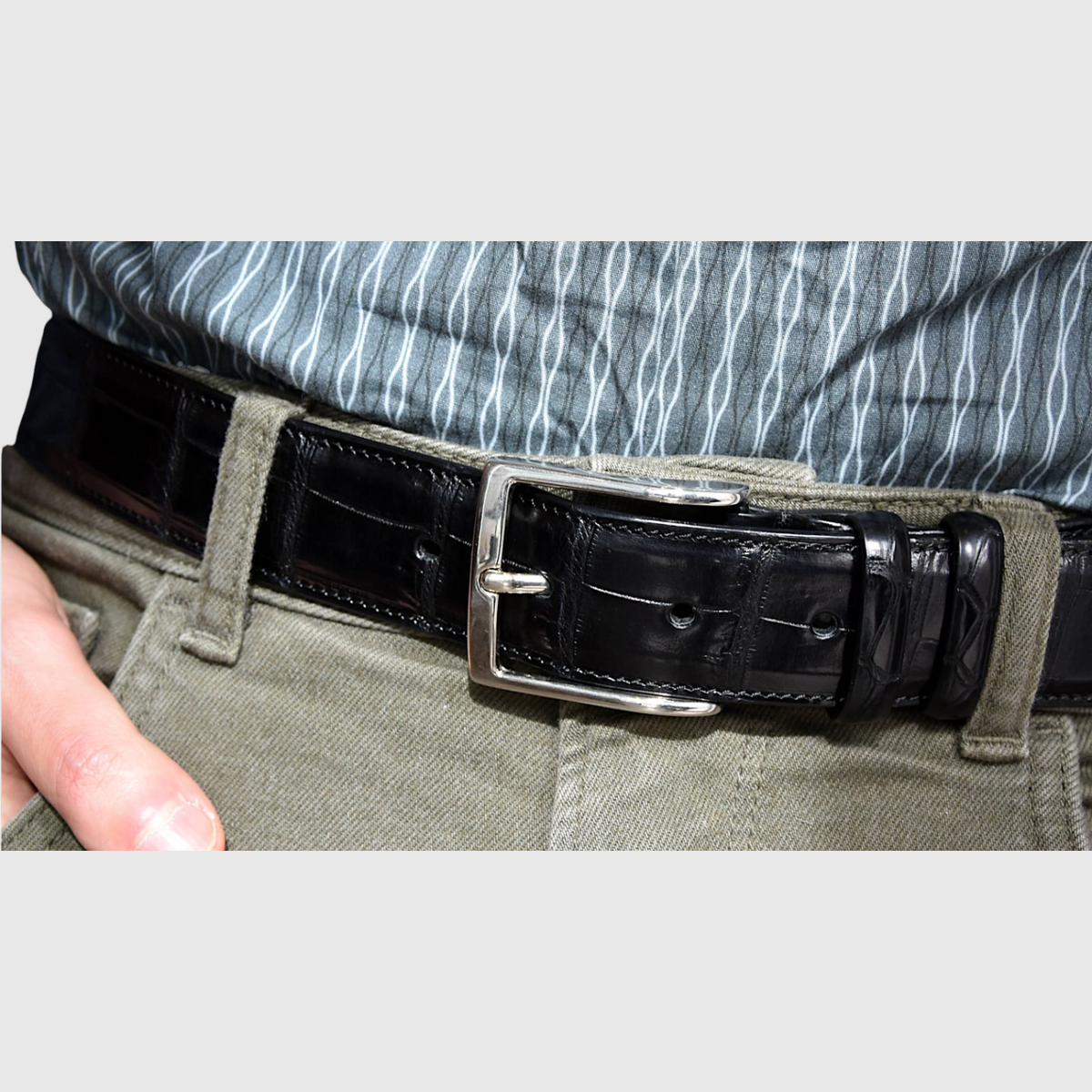 Men's genuine black crocodile leather belt worn