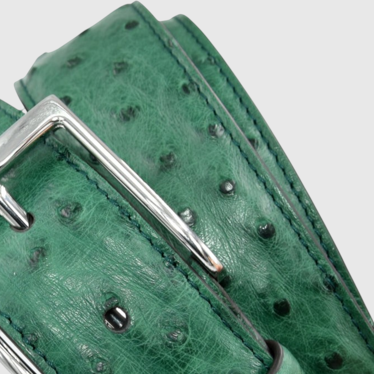 Genuine green ostrich leather belt with polished metal buckle