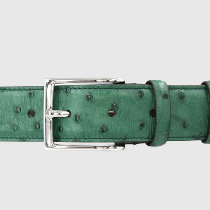 Close-up of genuine green ostrich leather belt