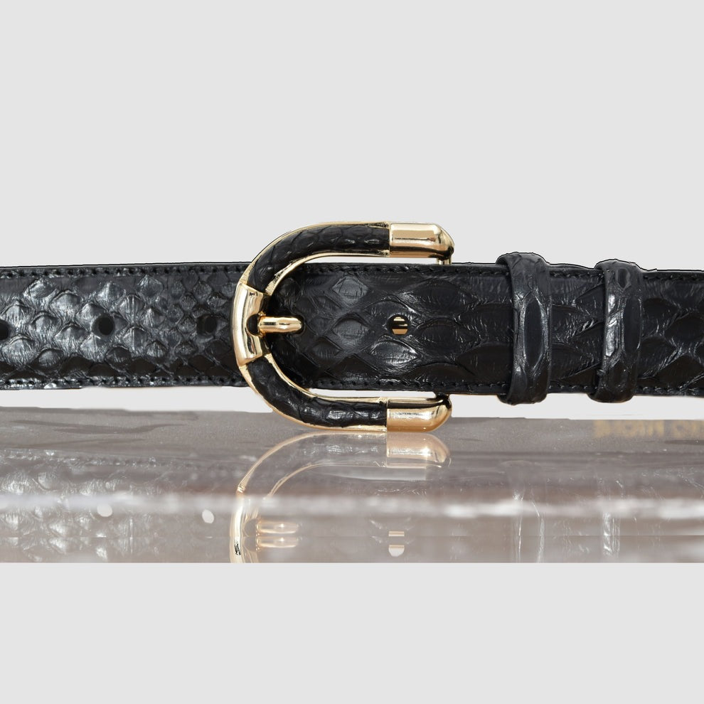 Women's genuine black python leather belt with gold-tone buckle