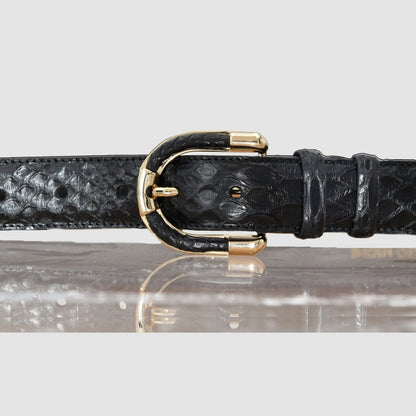 Women's genuine black python leather belt with gold-tone buckle