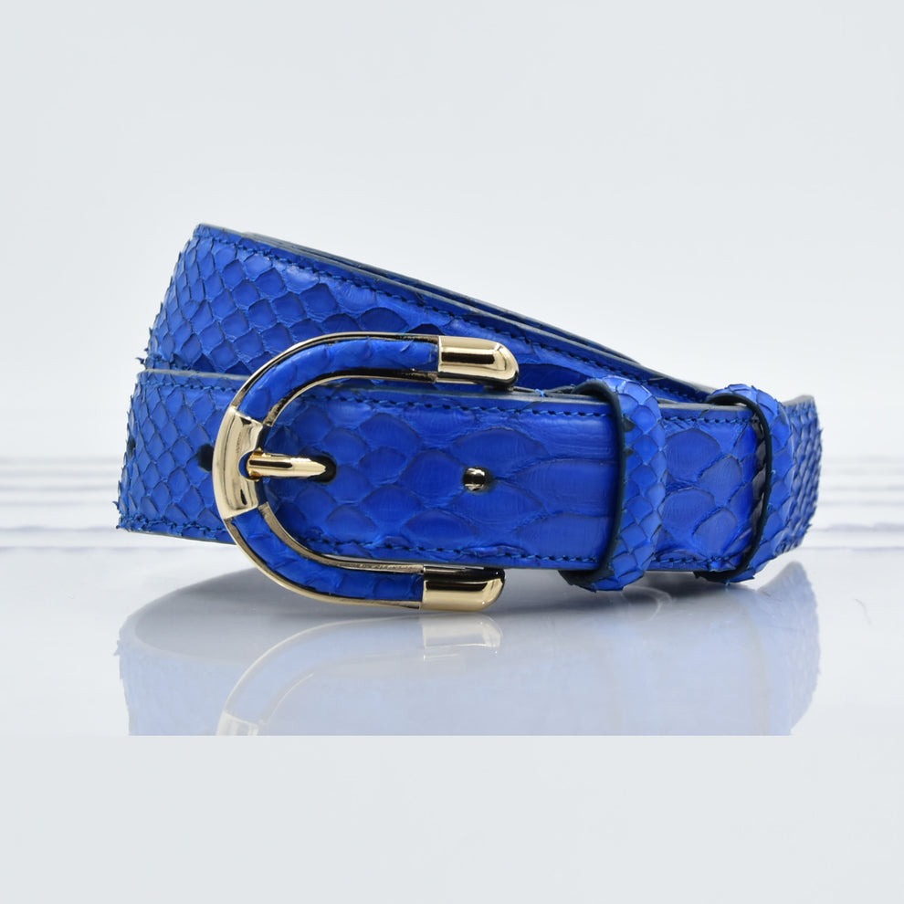 Women's genuine royal blue python leather belt close-up