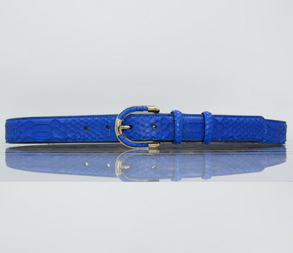 Women's genuine royal blue python leather belt full view
