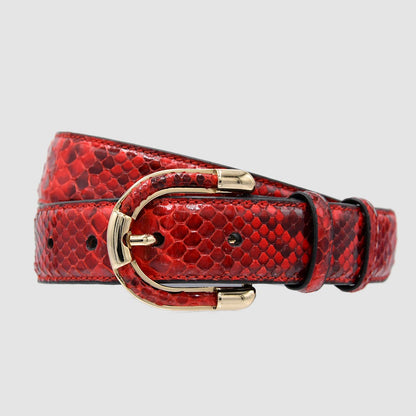 Women's genuine red python leather belt with gold-tone buckle