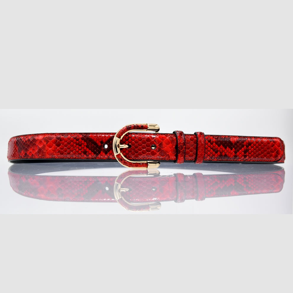 Women's genuine red python leather belt full view