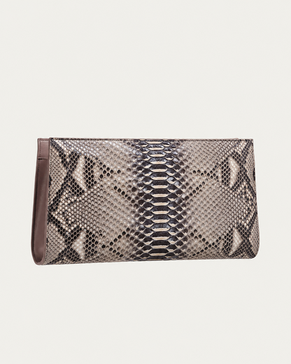 Natural Taupe genuine python leather clutch front view showing python scales