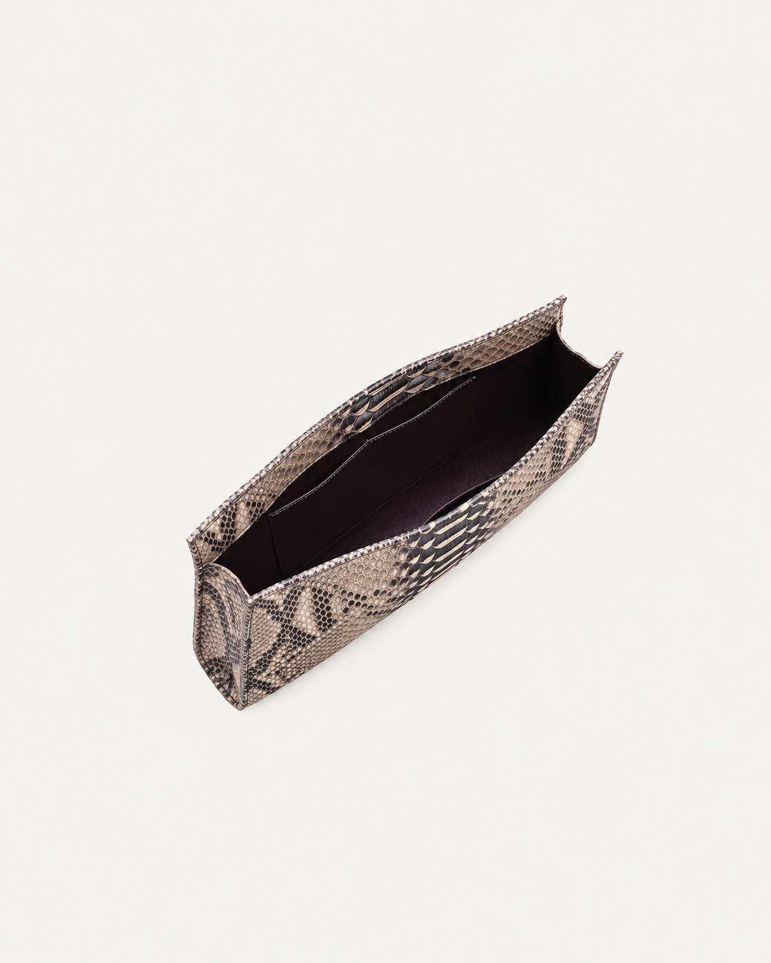 Open Natural Taupe python clutch with dark lining and interior pocket