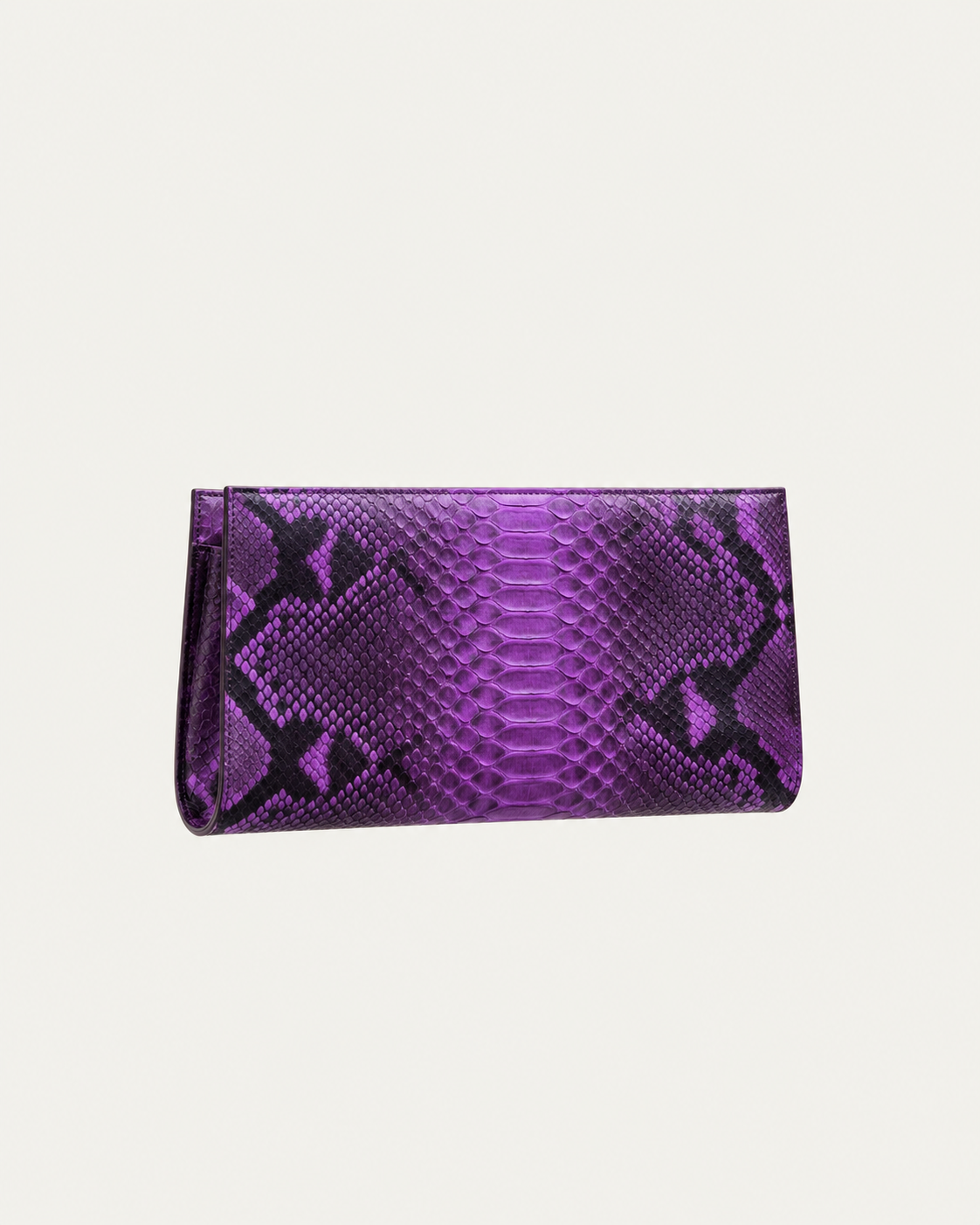 Purple python leather clutch with dark markings, detailed front view