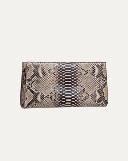 Natural Taupe genuine python clutch – harmonized front studio view