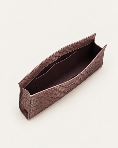 Open Smoky Brown python clutch showing dark leather interior