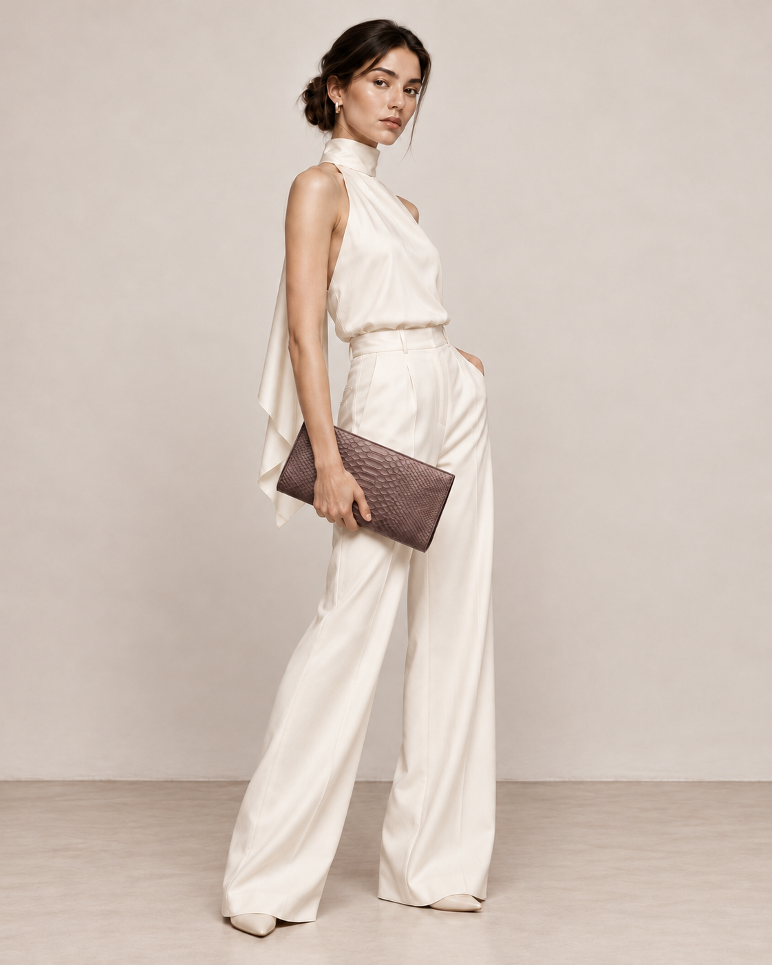 Smoky Brown python clutch handheld with luxury ivory outfit