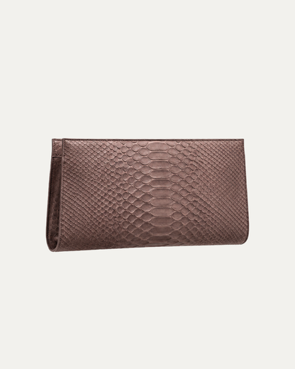 Smoky Brown genuine python clutch – harmonized front studio view