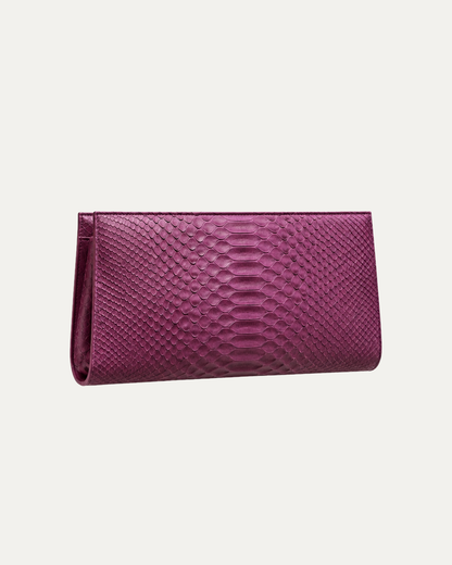 Smoky Plum genuine python clutch – harmonized front studio view